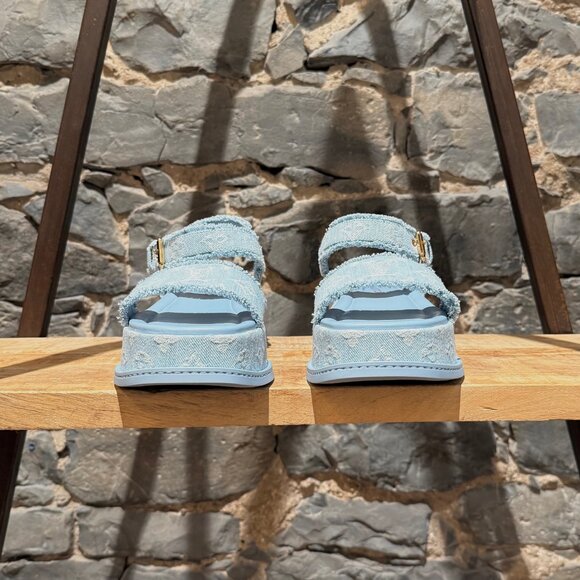 Louis Vuitton Light Blue Denim Monogram Maya Platform Sandals - Picture 2 of 11